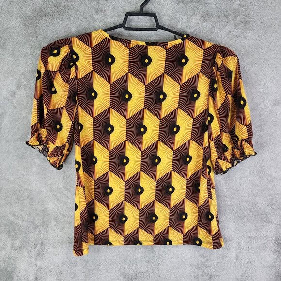 Womens Yellow Black Madison Geometric Patterned Top Puff Sleeve Keyhole Neck XL - Picture 5 of 8